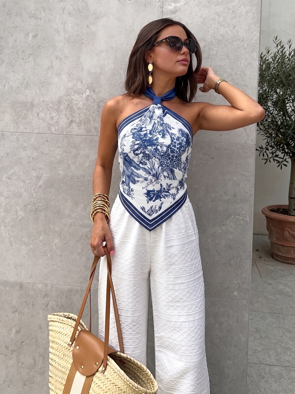 Commense Porcelain Print Scarf Style Halter Blouse - Picture 4 of 10